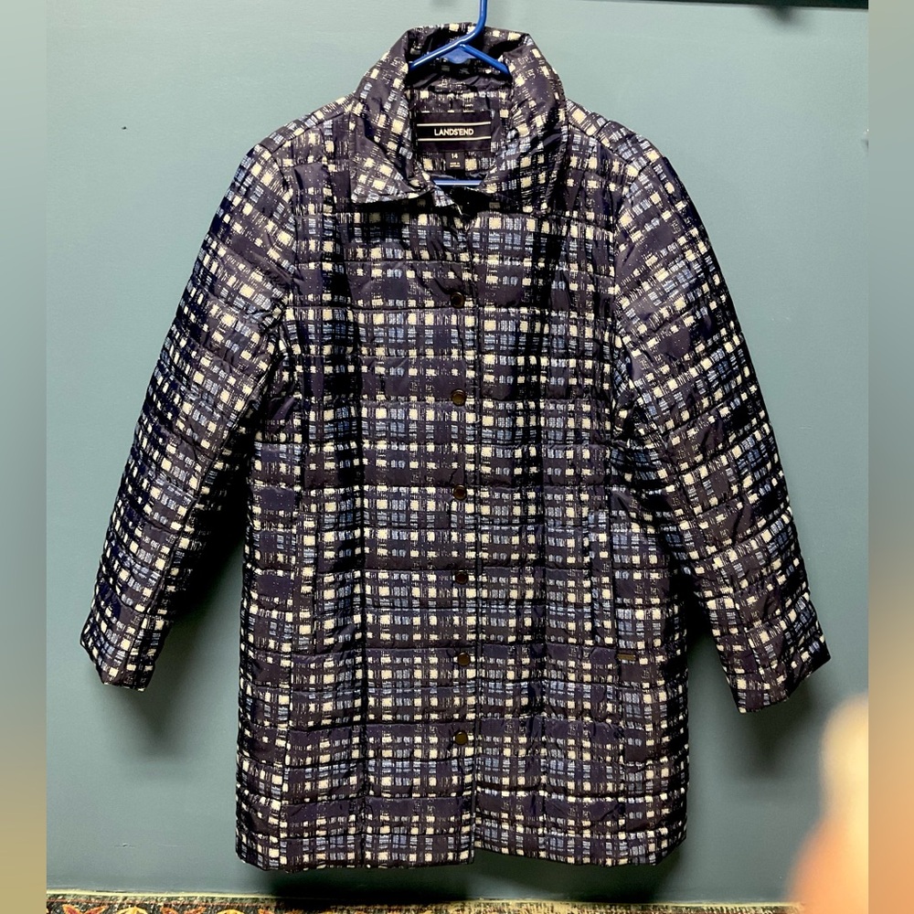 Lands End Blue Snap Front Puffer Coat Light Weigh NWT
